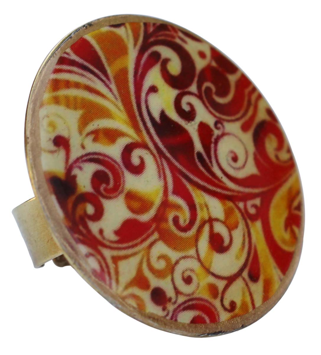 Round Brass Statement Ring with Red Orange Paisley Pattern - Resizable - Women Accessories / Gifts for Her - Buy in Bulk Wholesale